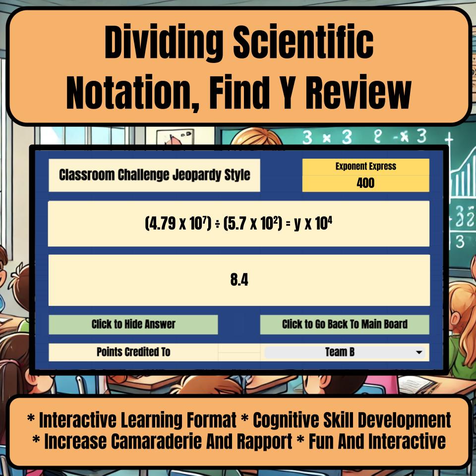 Jeopardy Dividing Scientific Notation, Find Y Math Review Activity I0023