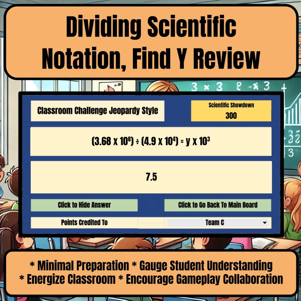 Jeopardy Dividing Scientific Notation, Find Y Math Review Activity I0023