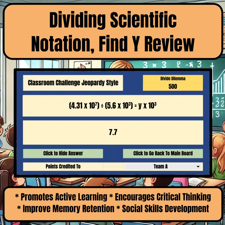 Jeopardy Dividing Scientific Notation, Find Y Math Review Activity I0023