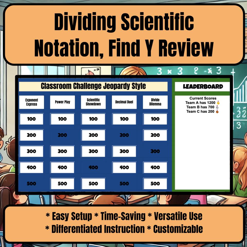 Jeopardy Dividing Scientific Notation, Find Y Math Review Activity I0023