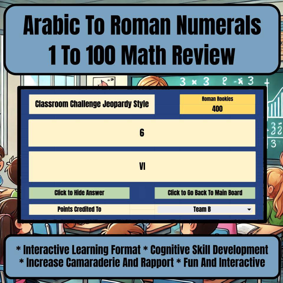 Jeopardy Arabic To Roman Numerals 1 To 100 Math Review Activity I0026