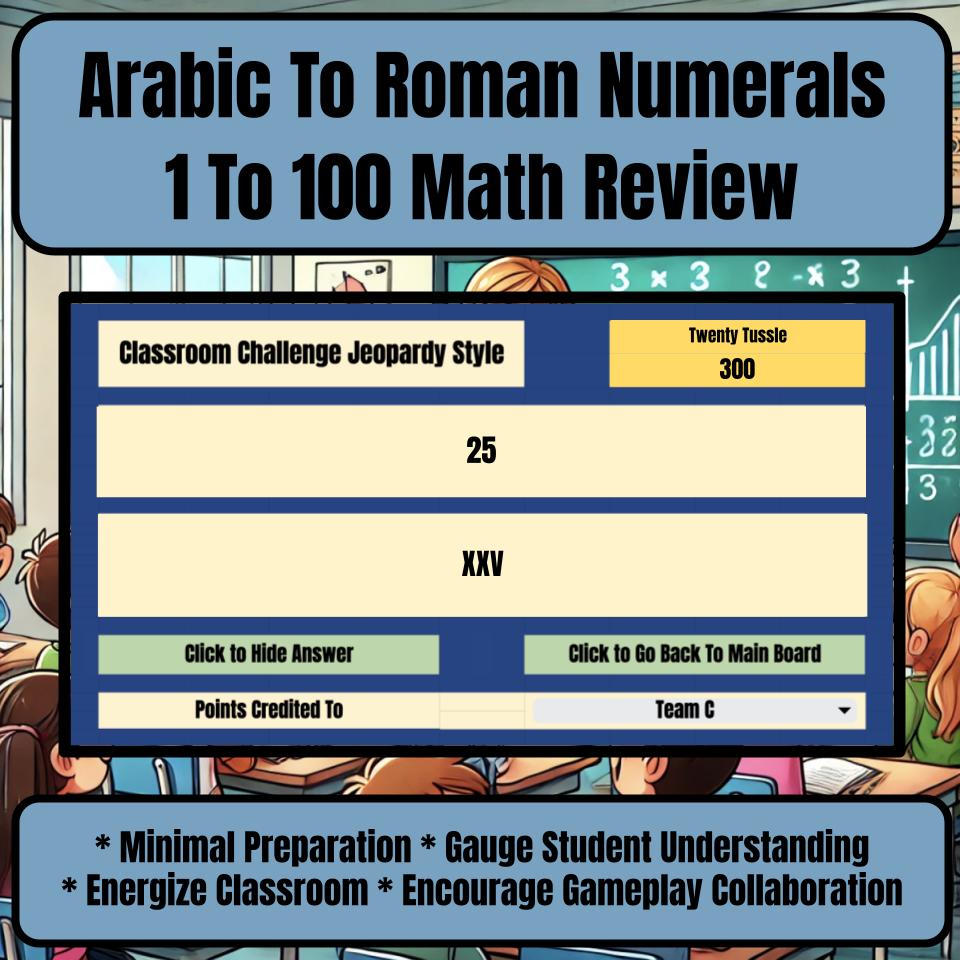 Jeopardy Arabic To Roman Numerals 1 To 100 Math Review Activity I0026
