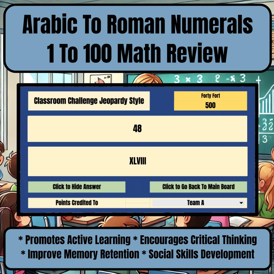 Jeopardy Arabic To Roman Numerals 1 To 100 Math Review Activity I0026