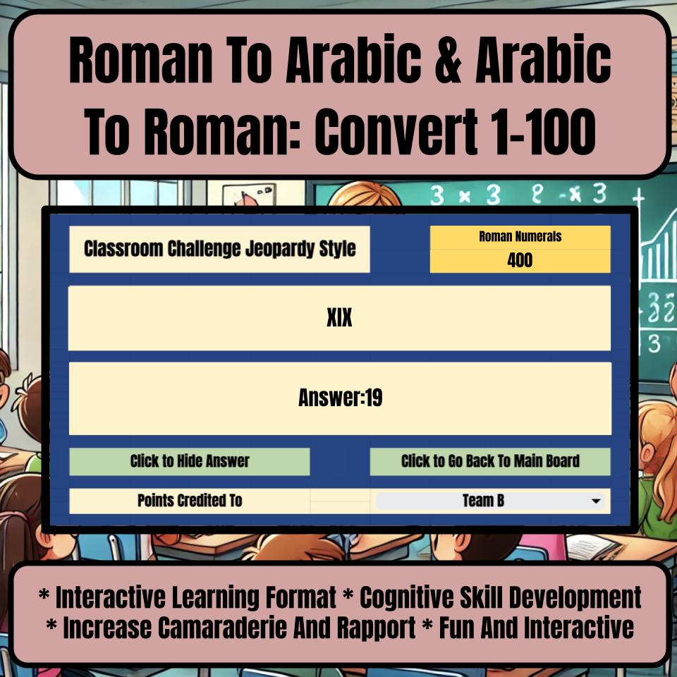 Roman To Arabic & Arabic To Roman: Convert 1-100 Jeopardy Math Review I0028