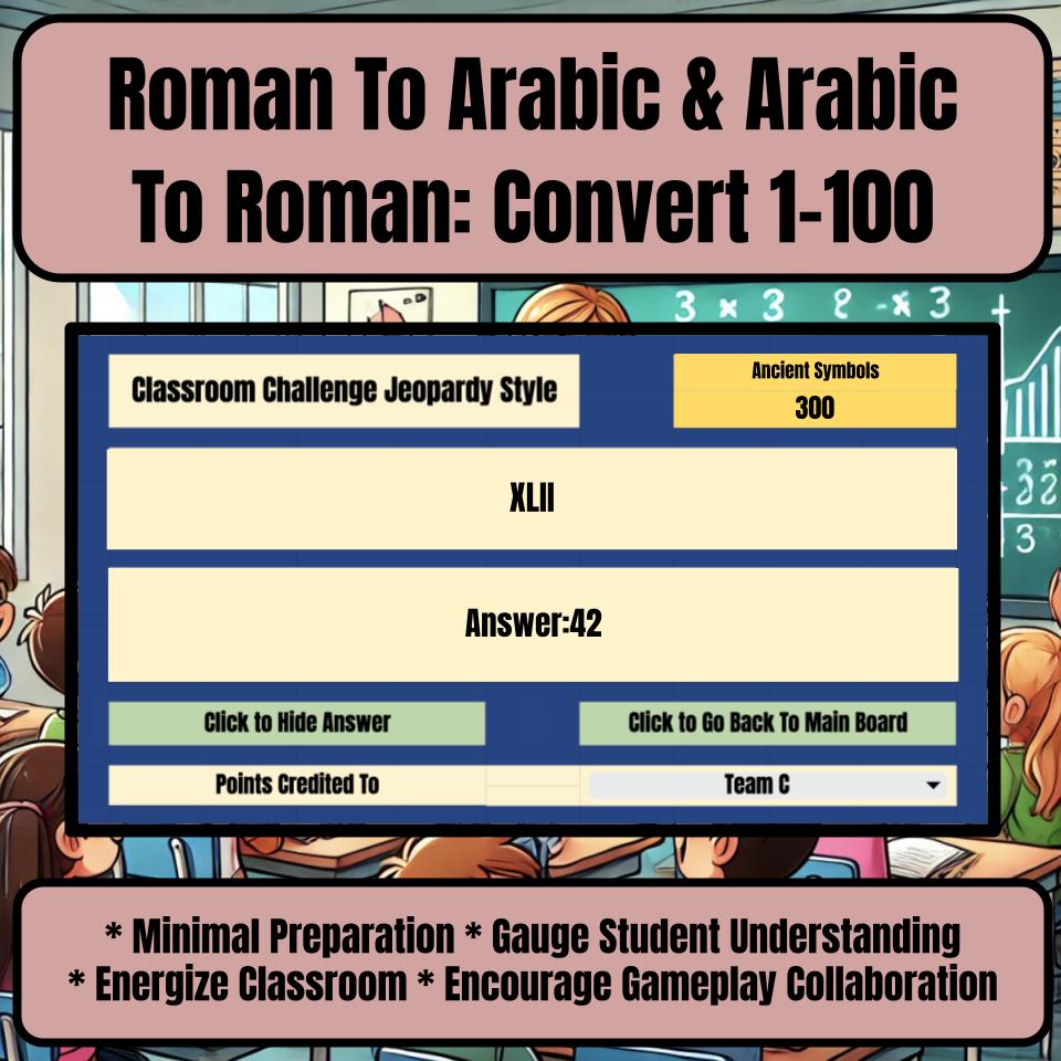 Roman To Arabic & Arabic To Roman: Convert 1-100 Jeopardy Math Review I0028