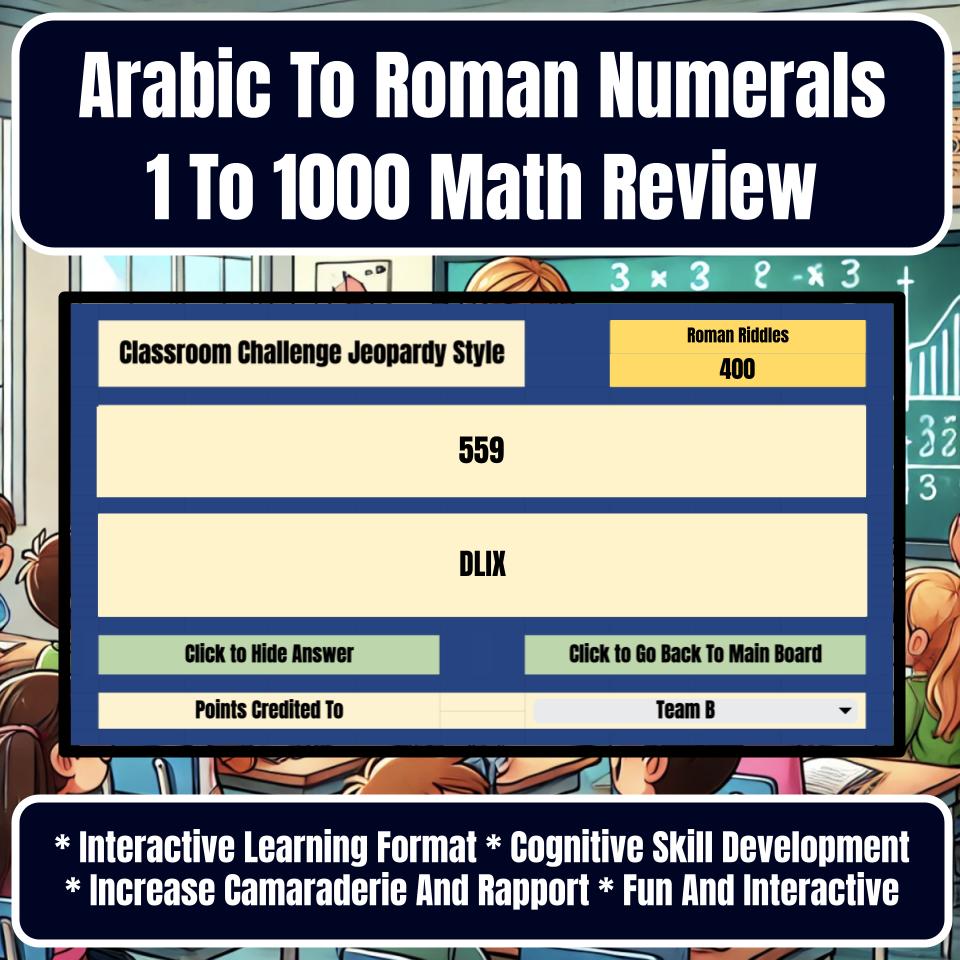 Jeopardy Arabic To Roman Numerals 1 To 1000 Math Review Activity I0029