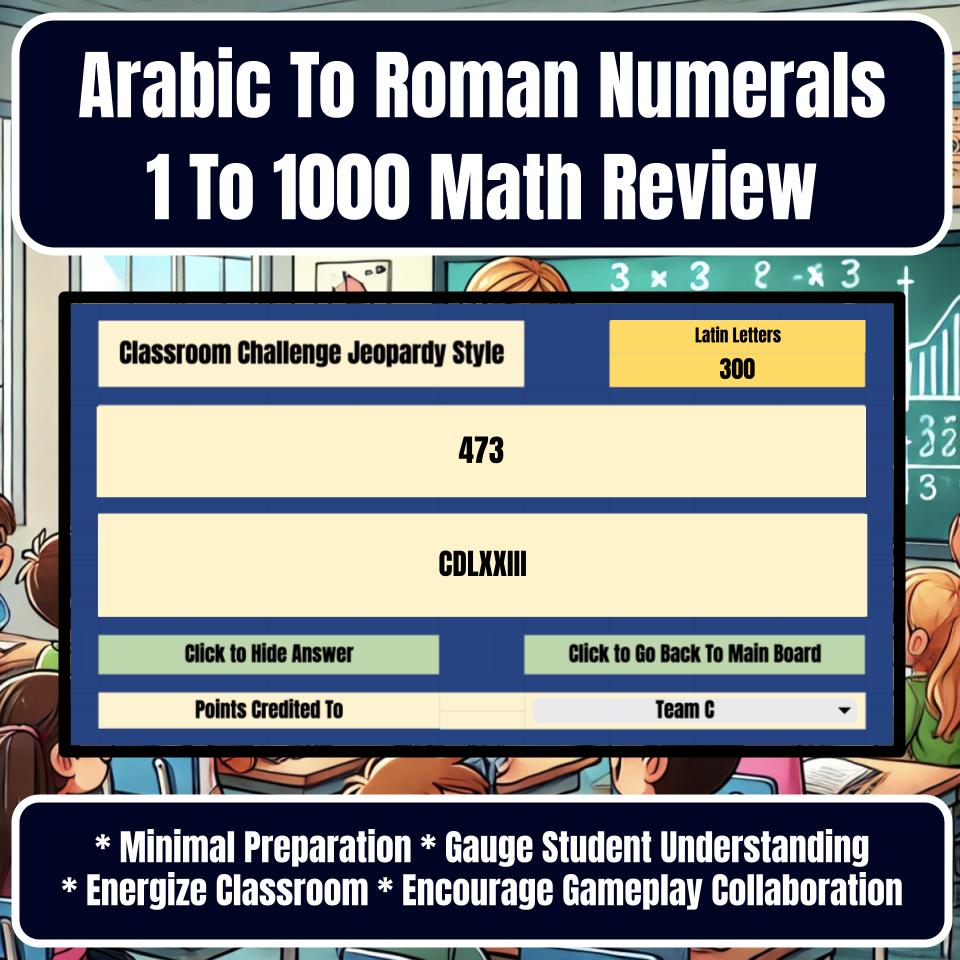 Jeopardy Arabic To Roman Numerals 1 To 1000 Math Review Activity I0029