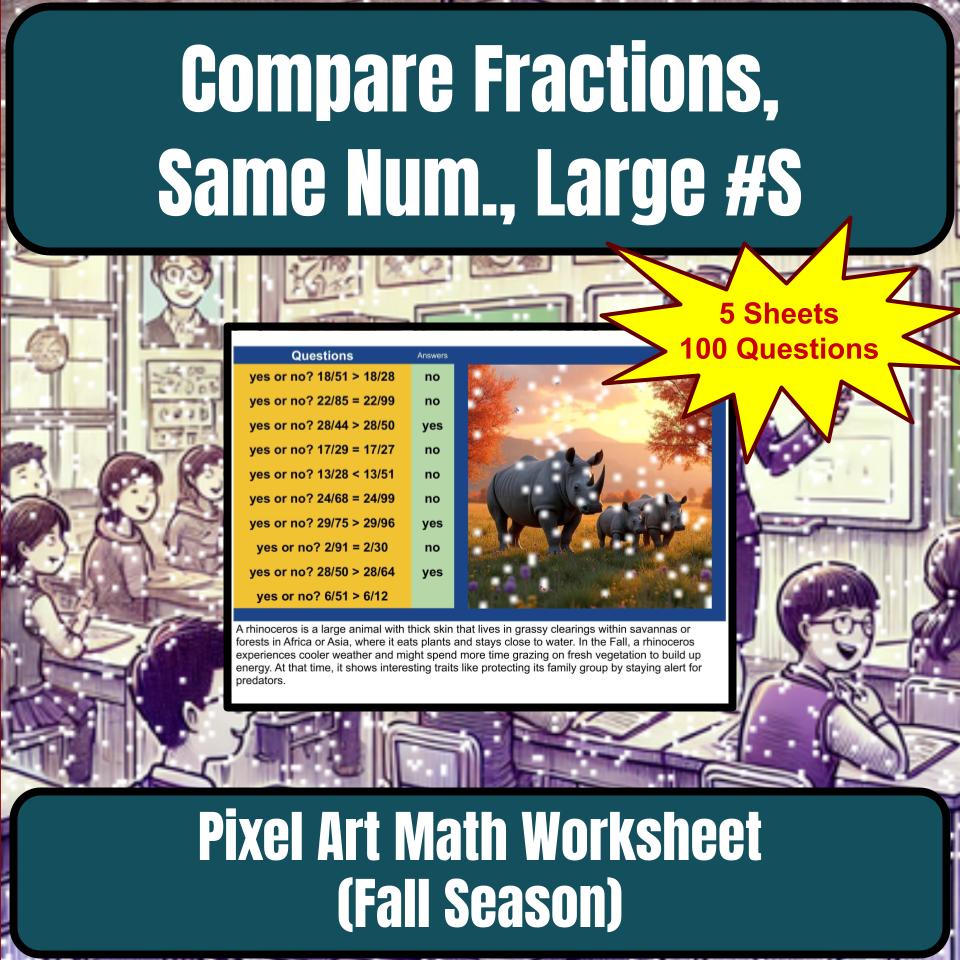 Compare Fractions, Same Numerator, Large Numbers Mystery Picture Worksheet P0033