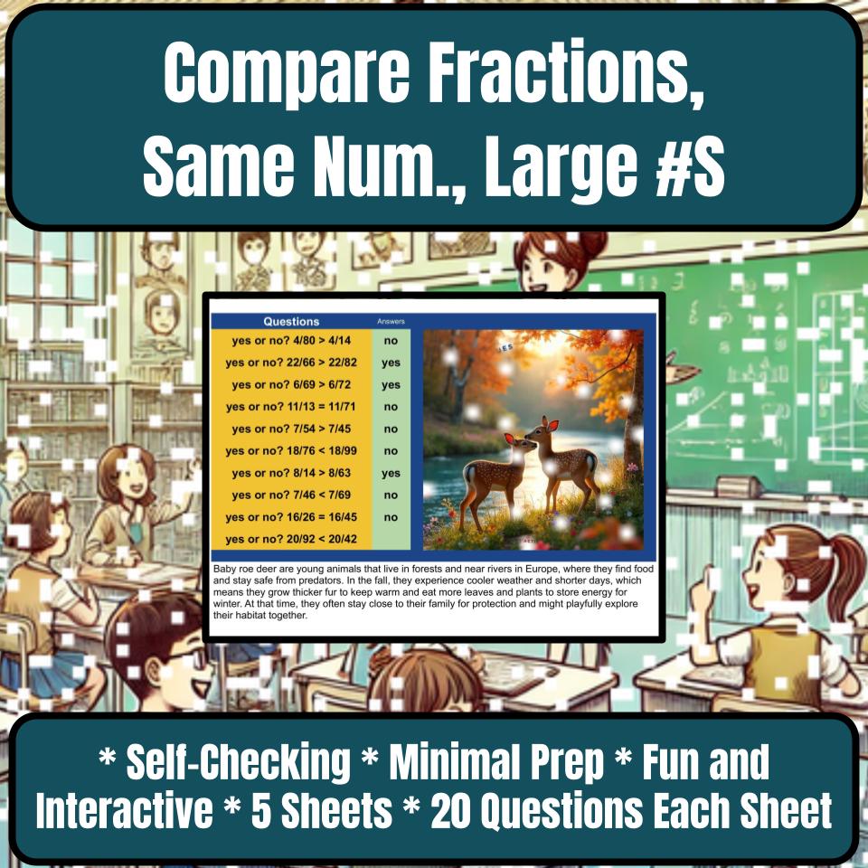 Compare Fractions, Same Numerator, Large Numbers Mystery Picture Worksheet P0033
