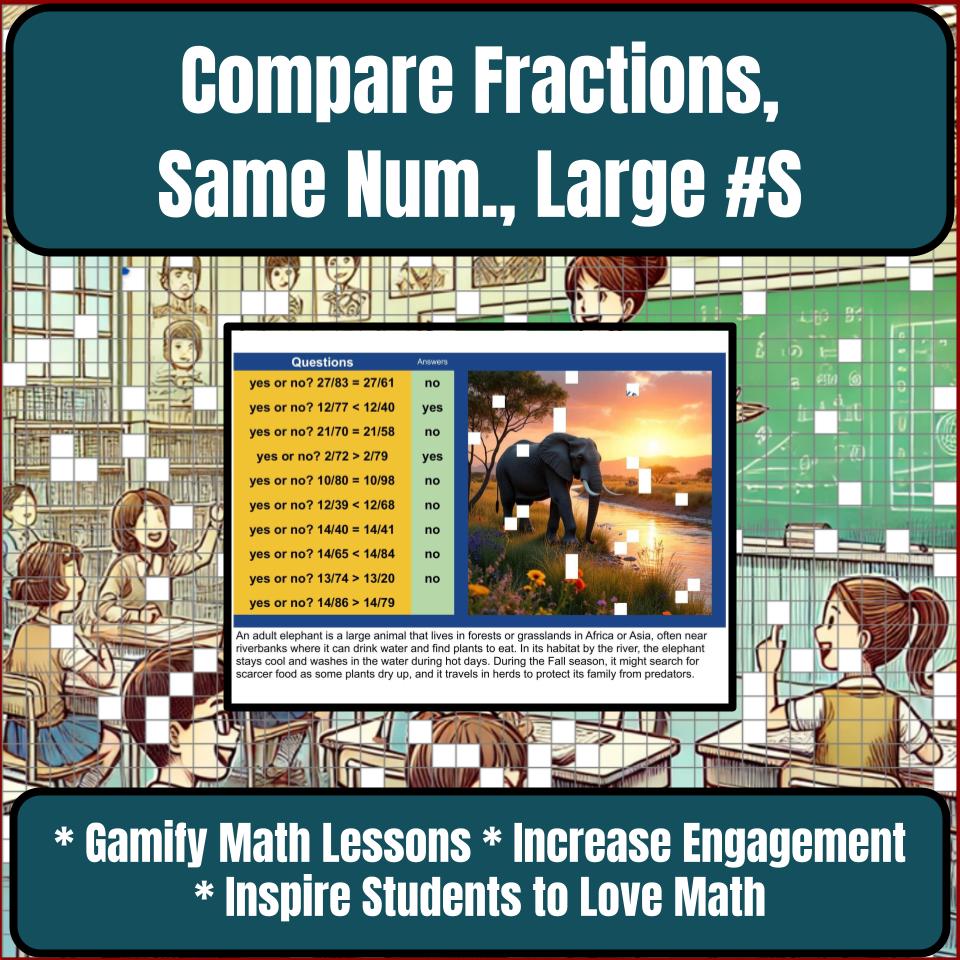 Compare Fractions, Same Numerator, Large Numbers Mystery Picture Worksheet P0033