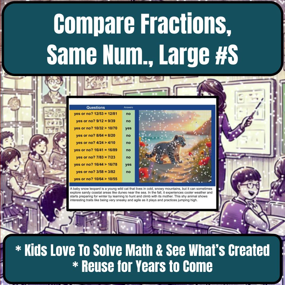 Compare Fractions, Same Numerator, Large Numbers Mystery Picture Worksheet P0033
