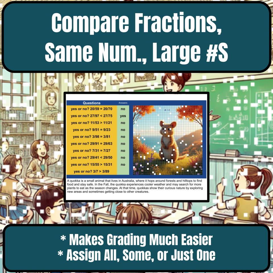 Compare Fractions, Same Numerator, Large Numbers Mystery Picture Worksheet P0033