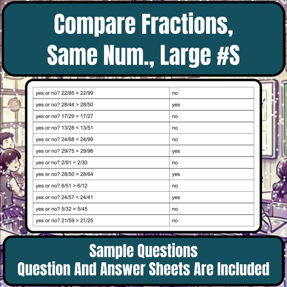 Compare Fractions, Same Numerator, Large Numbers Mystery Picture Worksheet P0033
