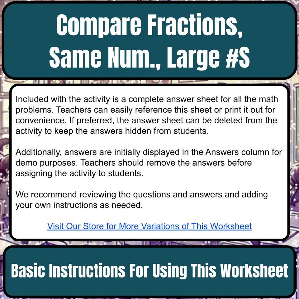 Compare Fractions, Same Numerator, Large Numbers Mystery Picture Worksheet P0033