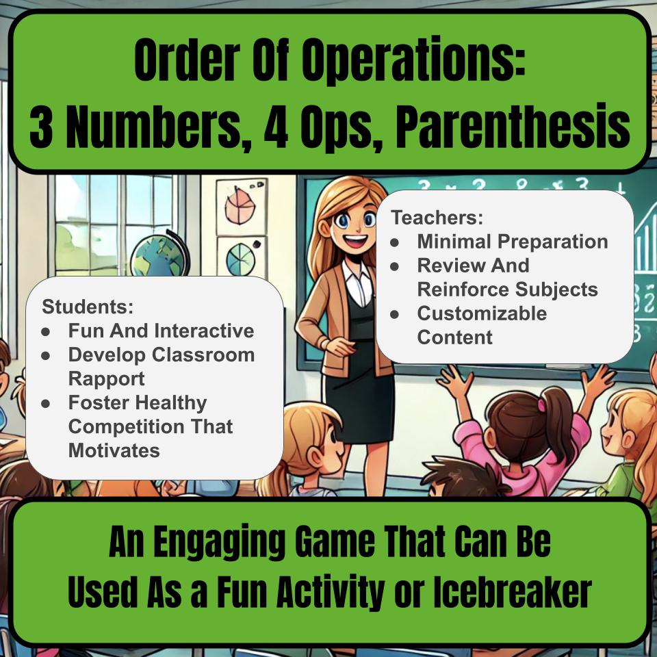 Order Of Operations: 3 Numbers, 4 Ops, Parenthesis I0033