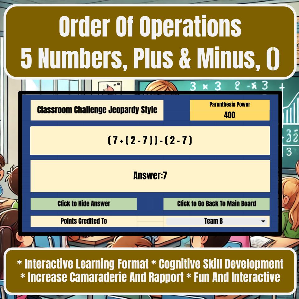 Order Of Operations 5 Numbers, Plus & Minus, () Jeopardy Math Review I0034