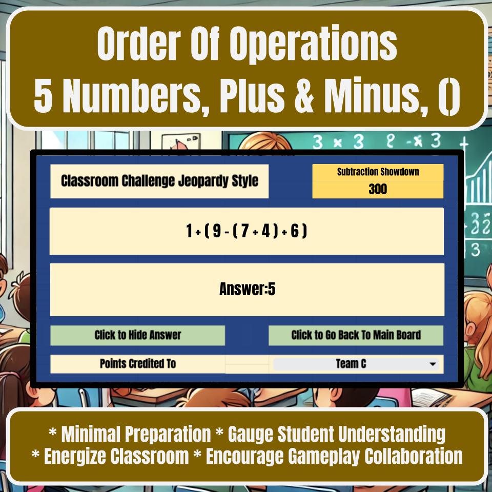 Order Of Operations 5 Numbers, Plus & Minus, () Jeopardy Math Review I0034