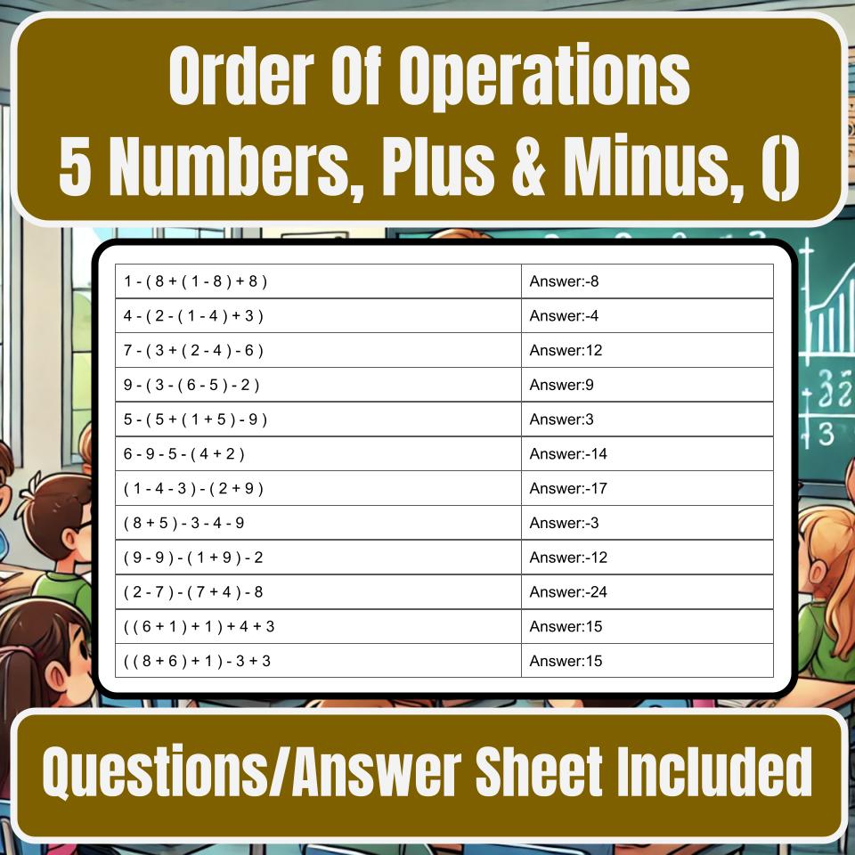 Order Of Operations 5 Numbers, Plus & Minus, () Jeopardy Math Review I0034