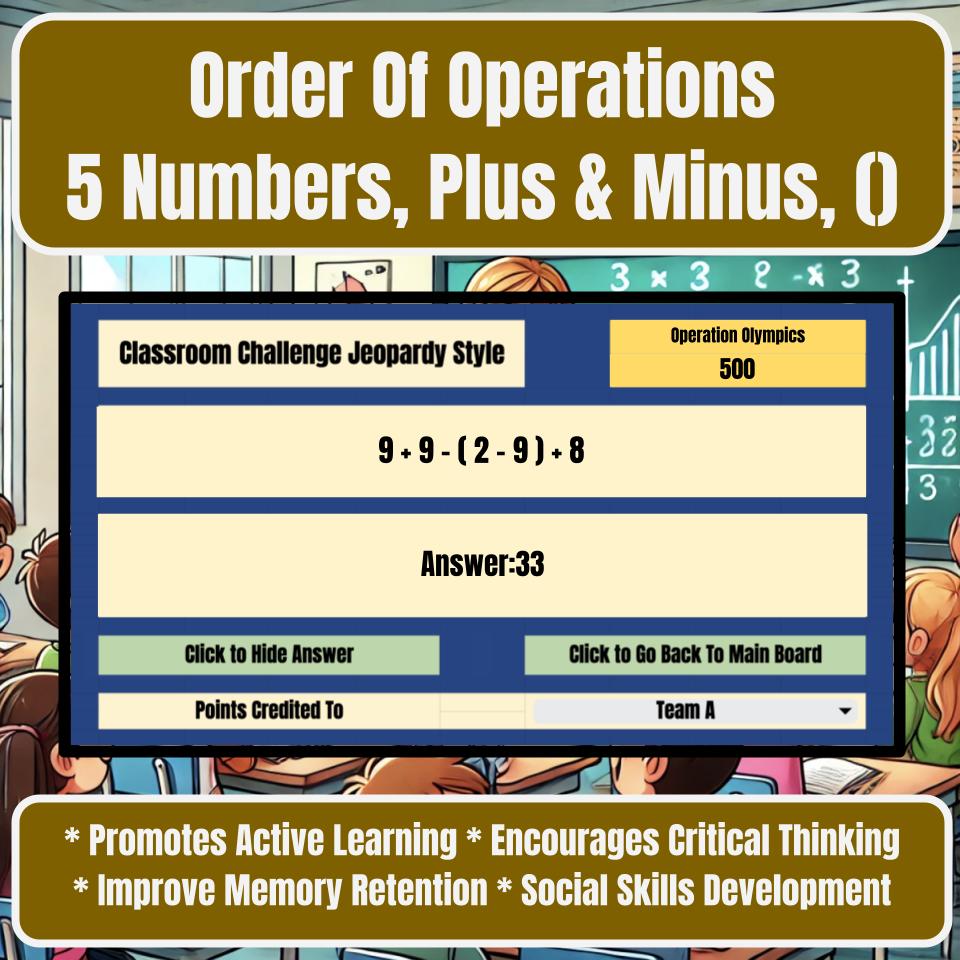 Order Of Operations 5 Numbers, Plus & Minus, () Jeopardy Math Review I0034