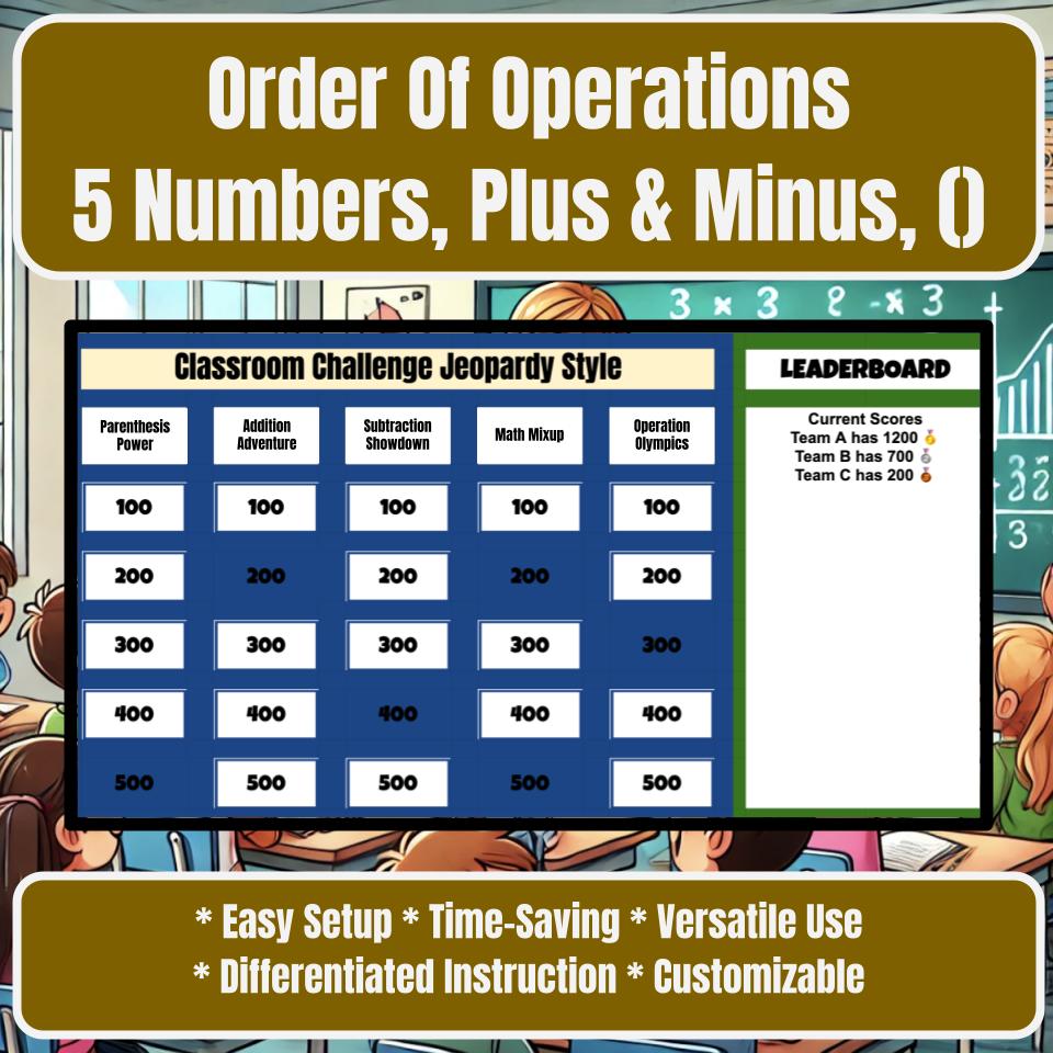 Order Of Operations 5 Numbers, Plus & Minus, () Jeopardy Math Review I0034