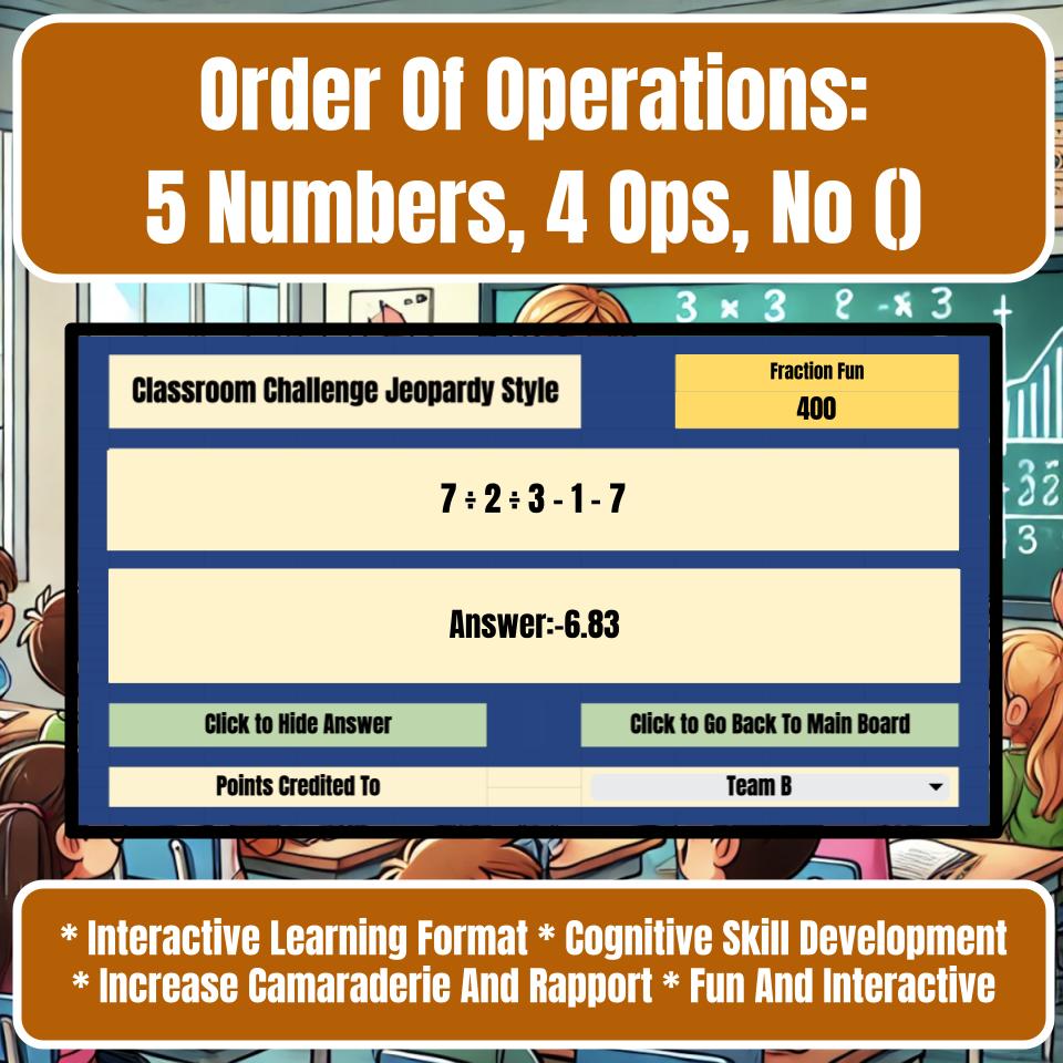 Order Of Operations: 5 Numbers, 4 Ops, No () Jeopardy Math Review I0035