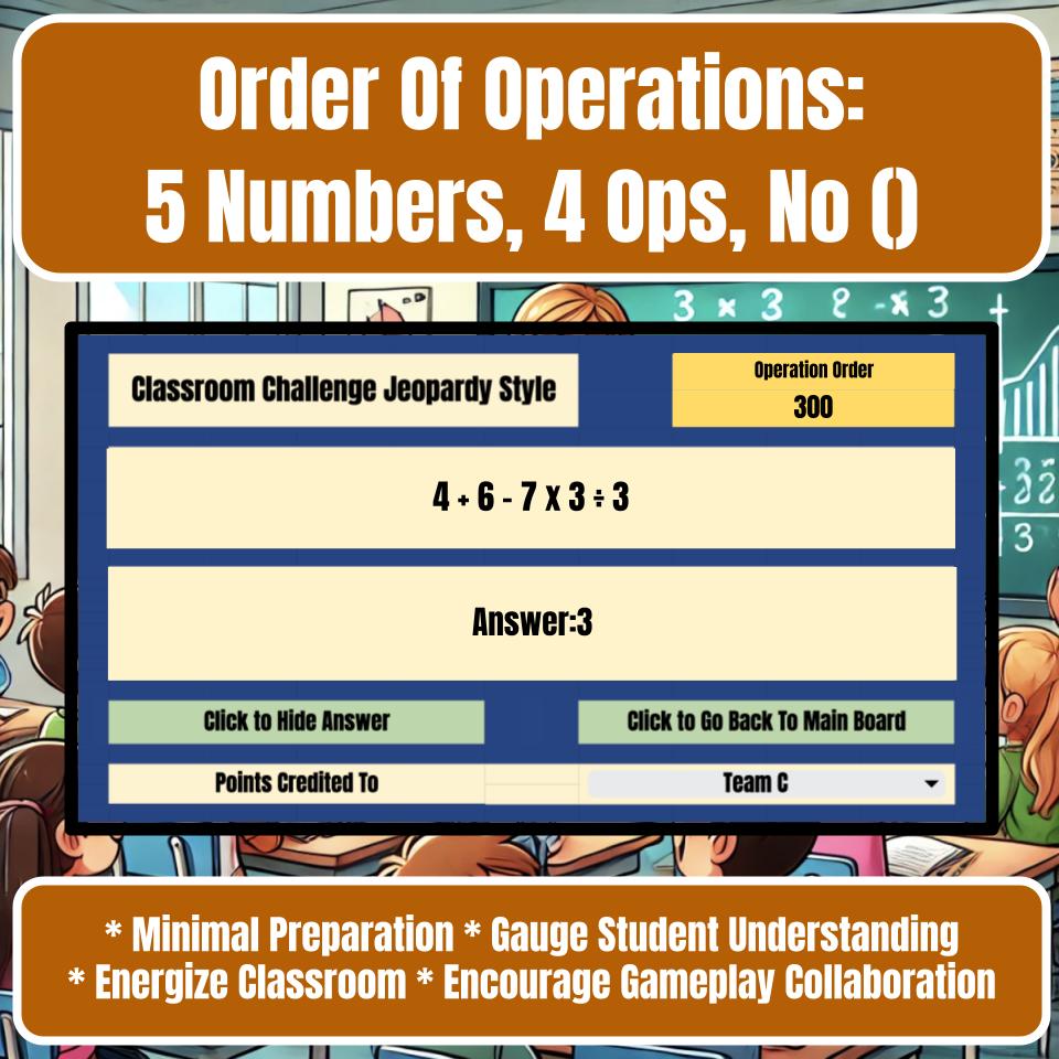 Order Of Operations: 5 Numbers, 4 Ops, No () Jeopardy Math Review I0035