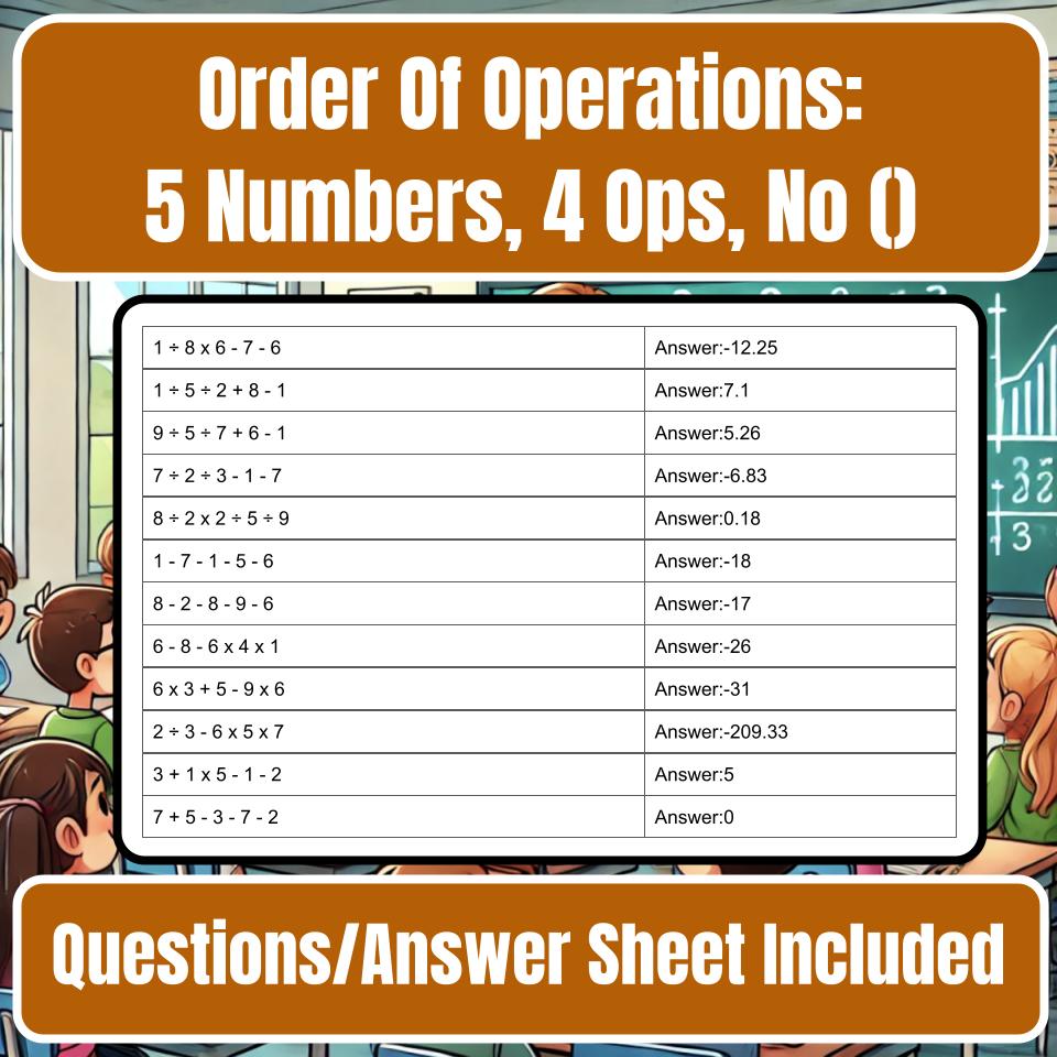 Order Of Operations: 5 Numbers, 4 Ops, No () Jeopardy Math Review I0035