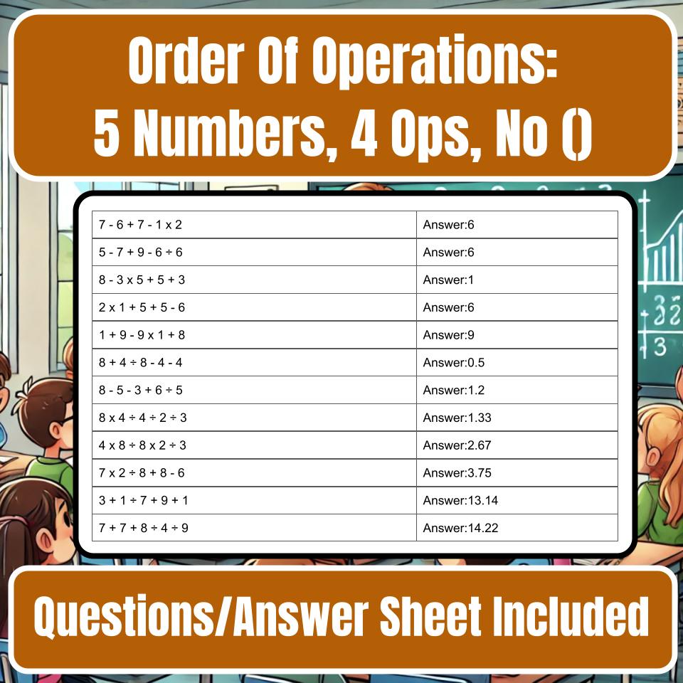 Order Of Operations: 5 Numbers, 4 Ops, No () Jeopardy Math Review I0035