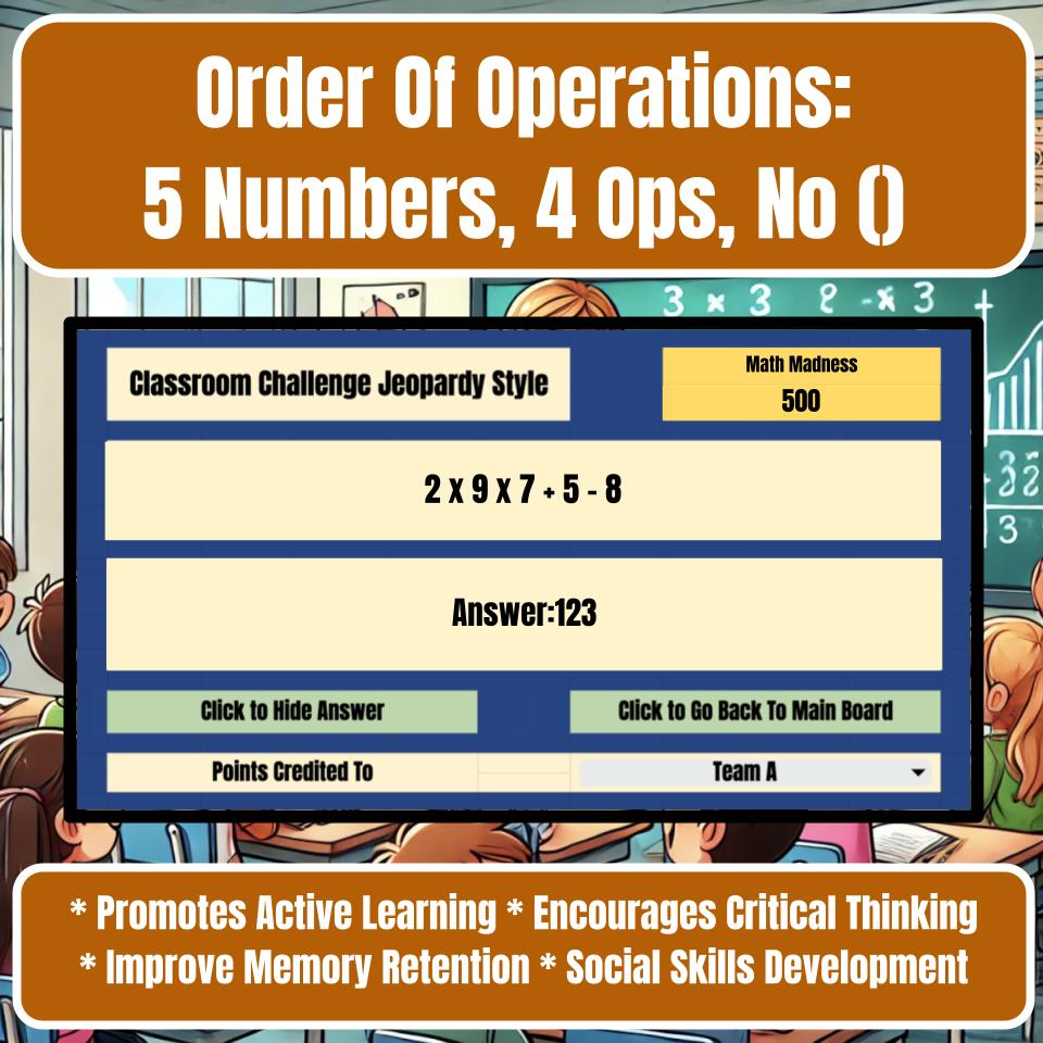Order Of Operations: 5 Numbers, 4 Ops, No () Jeopardy Math Review I0035