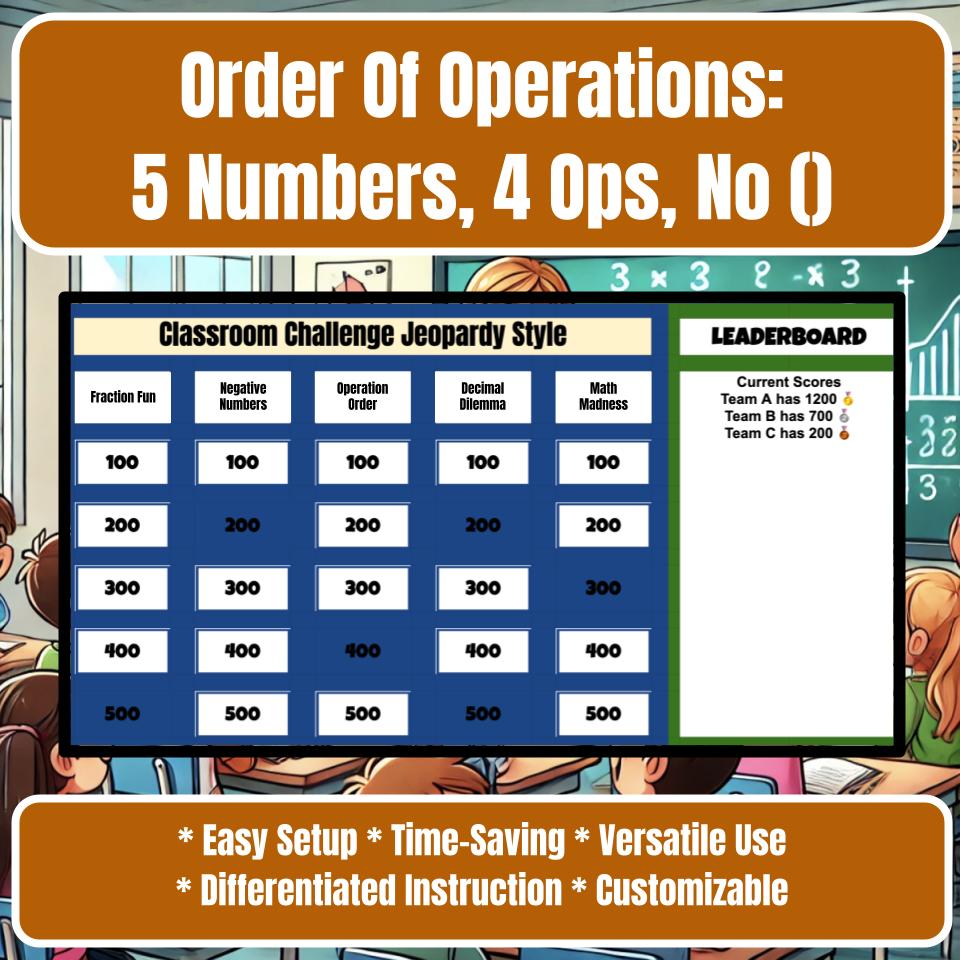Order Of Operations: 5 Numbers, 4 Ops, No () Jeopardy Math Review I0035