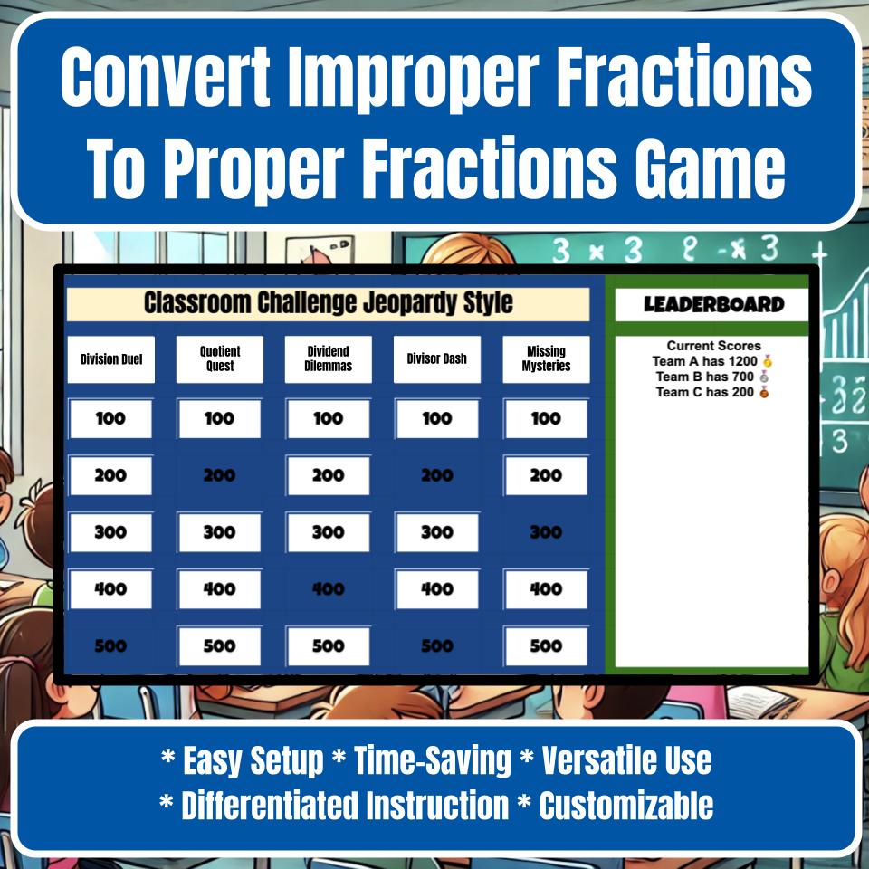Convert Improper Fractions To Proper Fractions Jeopardy Math Review I0038