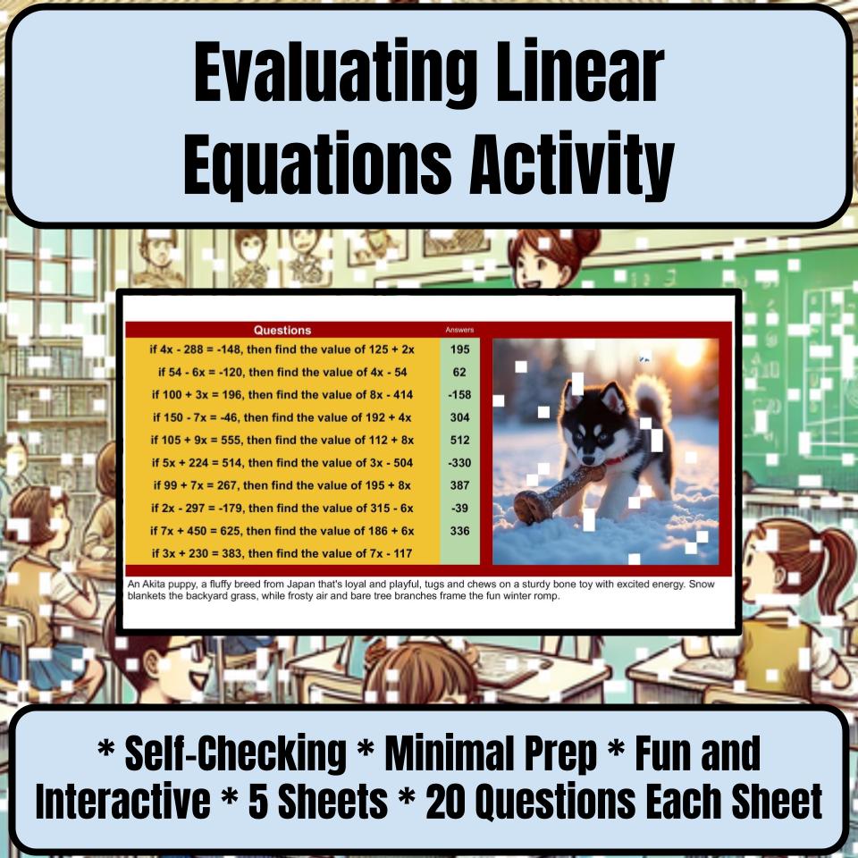 Evaluating Linear Equations Mystery Picture Activity Worksheet P0004