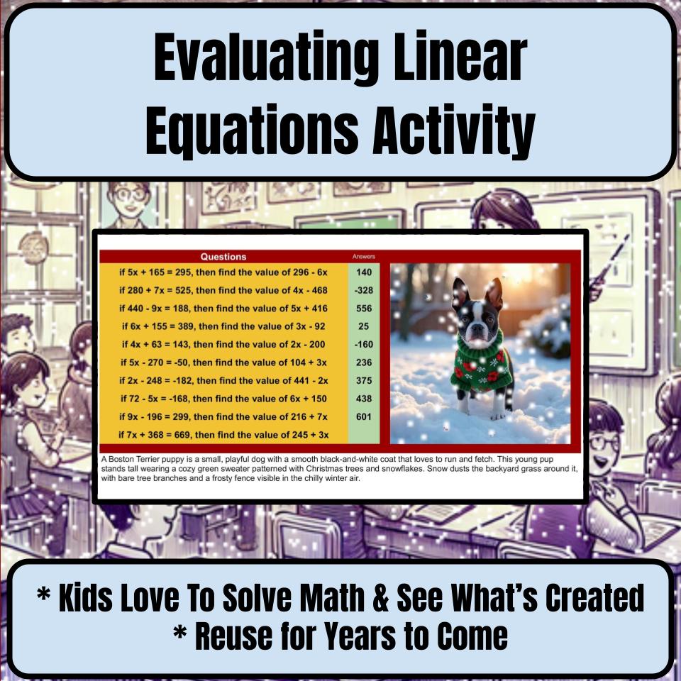 Evaluating Linear Equations Mystery Picture Activity Worksheet P0004