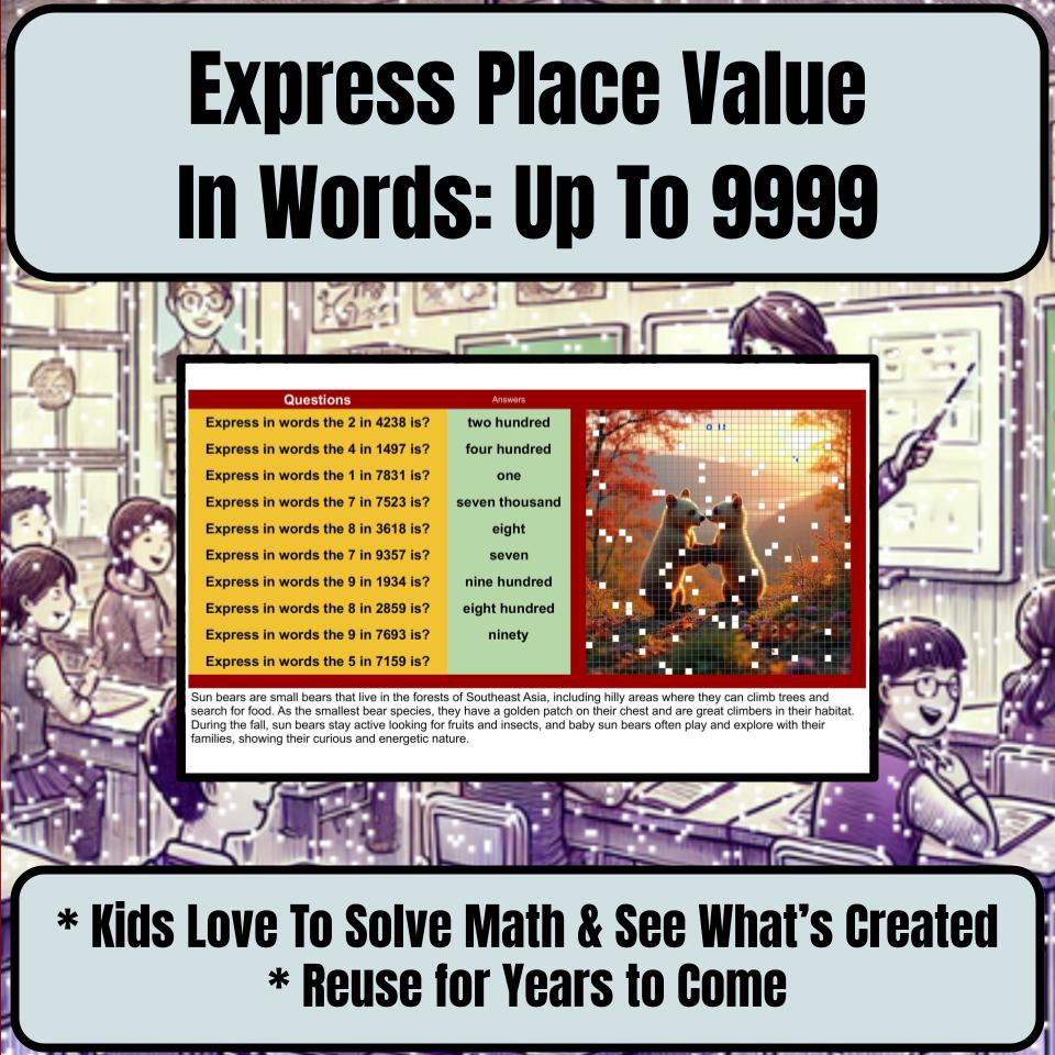 Express Place Value In Words: Up To 9999 Mystery Picture Worksheet P0043