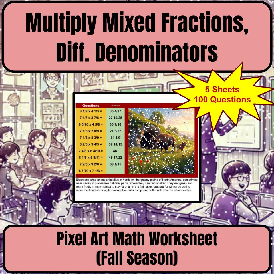 Multiply Mixed Fractions, Diff. Denominators Mystery Picture P0049