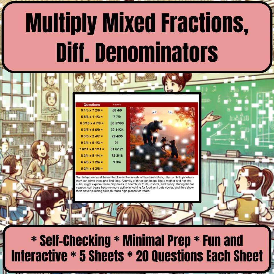 Multiply Mixed Fractions, Diff. Denominators Mystery Picture P0049