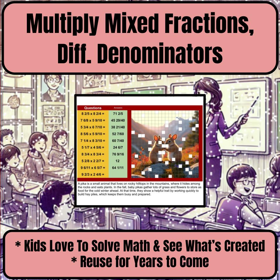 Multiply Mixed Fractions, Diff. Denominators Mystery Picture P0049