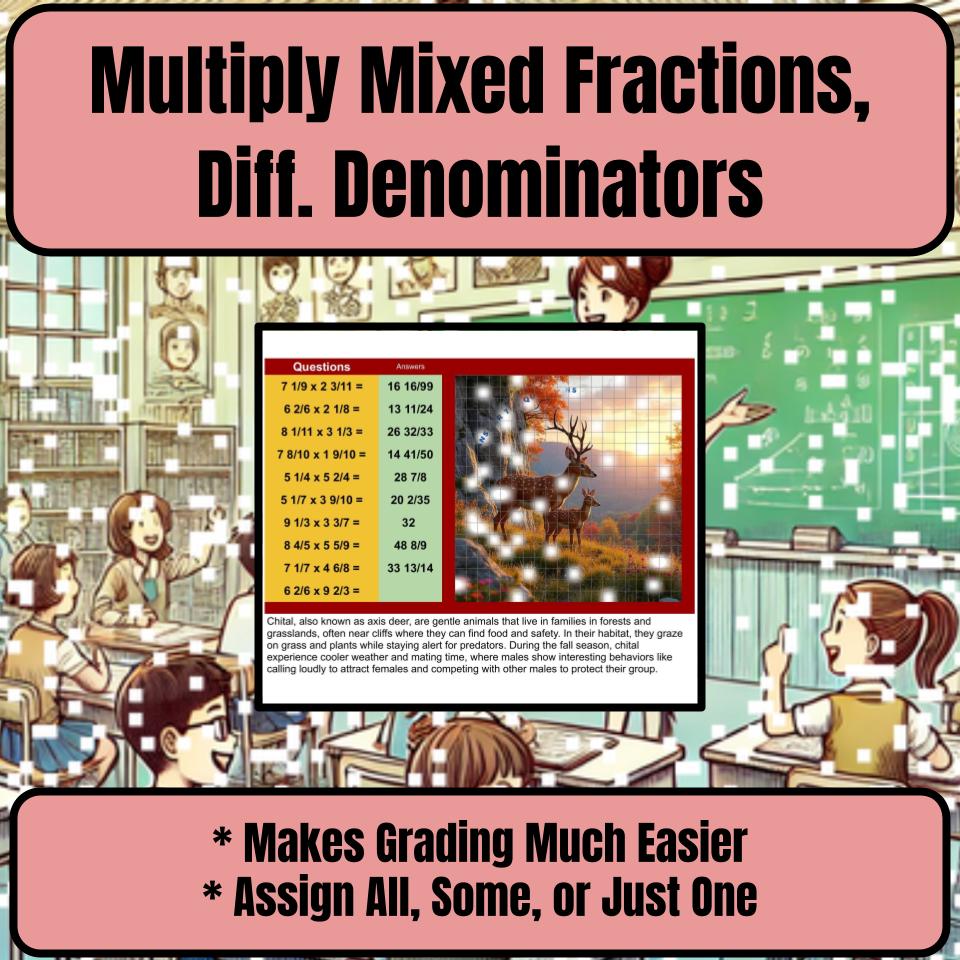 Multiply Mixed Fractions, Diff. Denominators Mystery Picture P0049