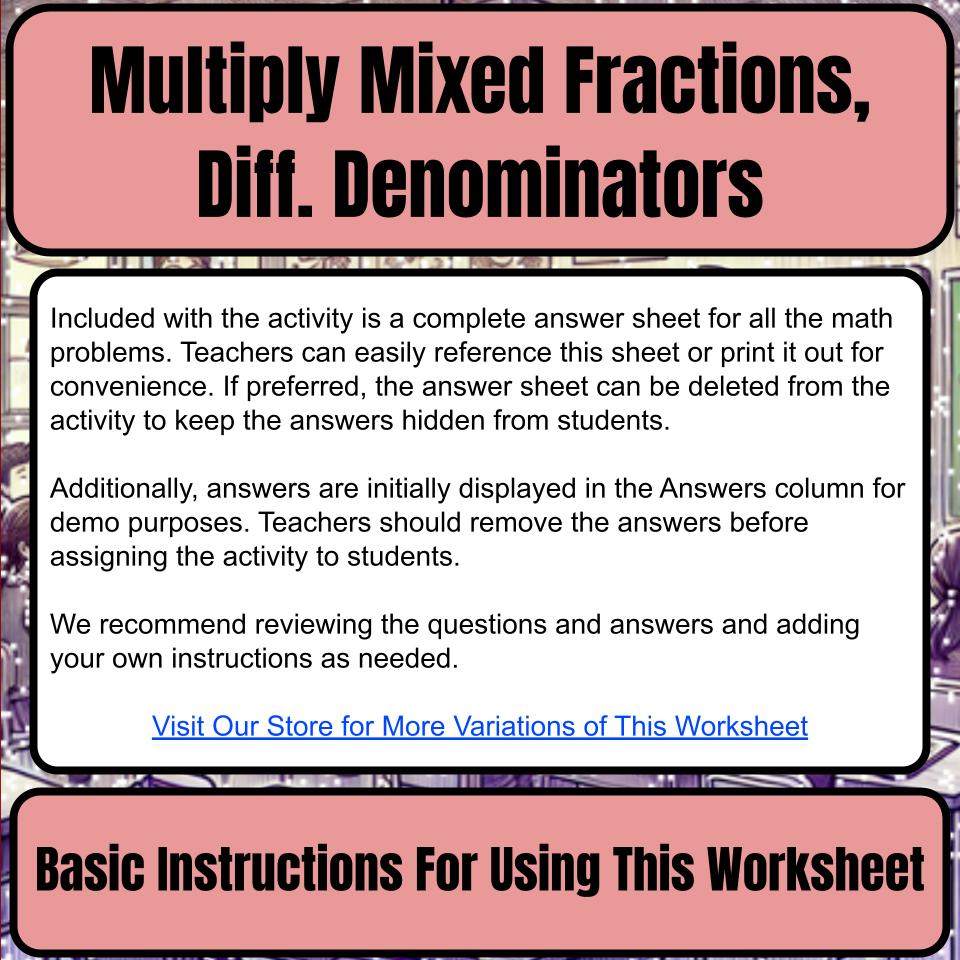 Multiply Mixed Fractions, Diff. Denominators Mystery Picture P0049