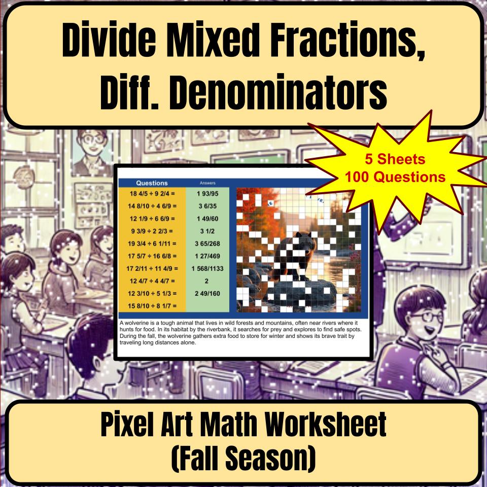 Divide Mixed Fractions, Diff. Denominators Mystery Picture Worksheet P0051