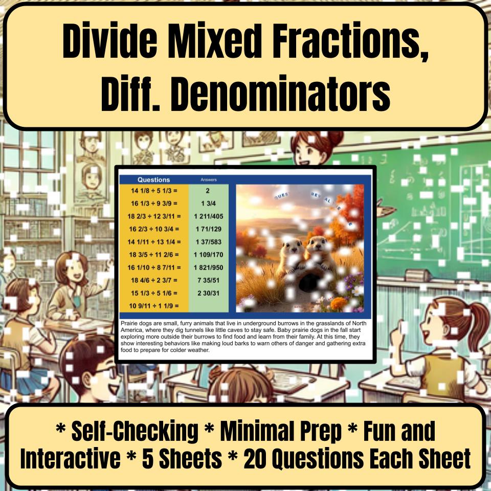 Divide Mixed Fractions, Diff. Denominators Mystery Picture Worksheet P0051