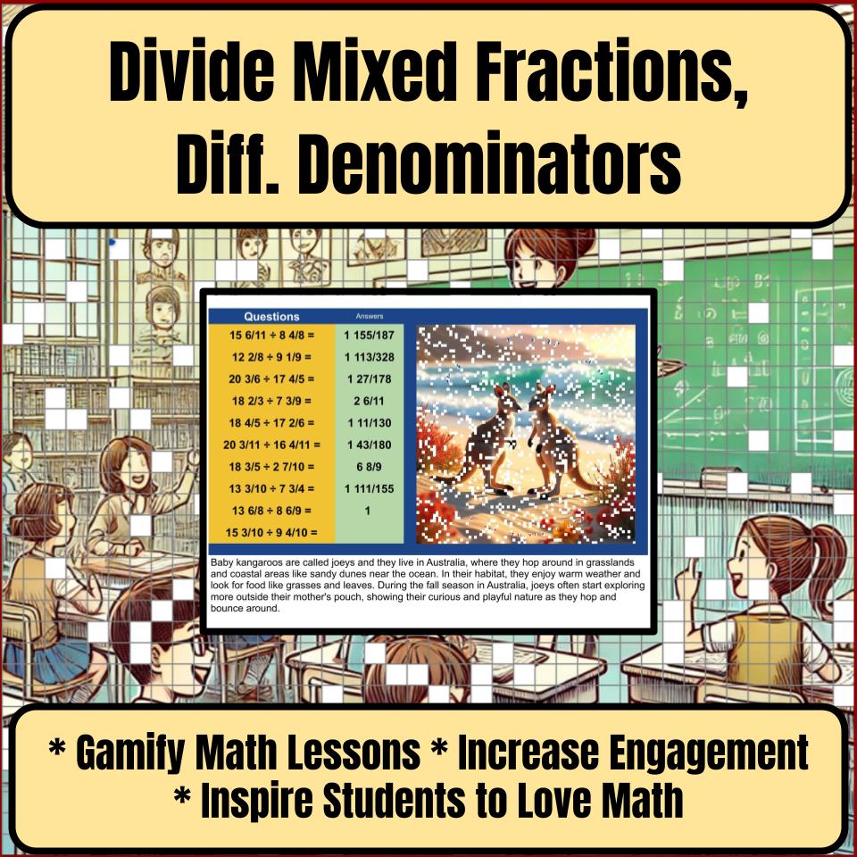 Divide Mixed Fractions, Diff. Denominators Mystery Picture Worksheet P0051