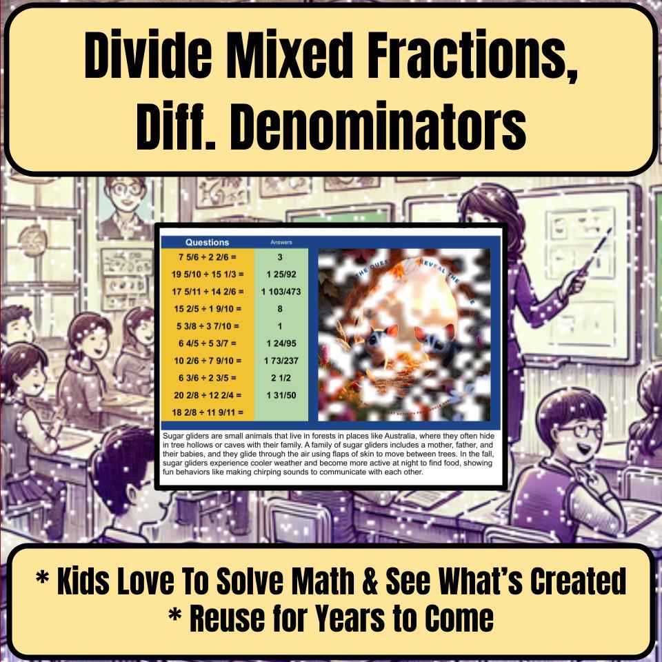 Divide Mixed Fractions, Diff. Denominators Mystery Picture Worksheet P0051