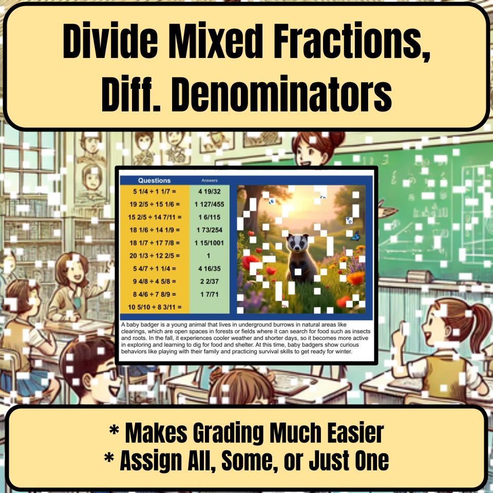 Divide Mixed Fractions, Diff. Denominators Mystery Picture Worksheet P0051