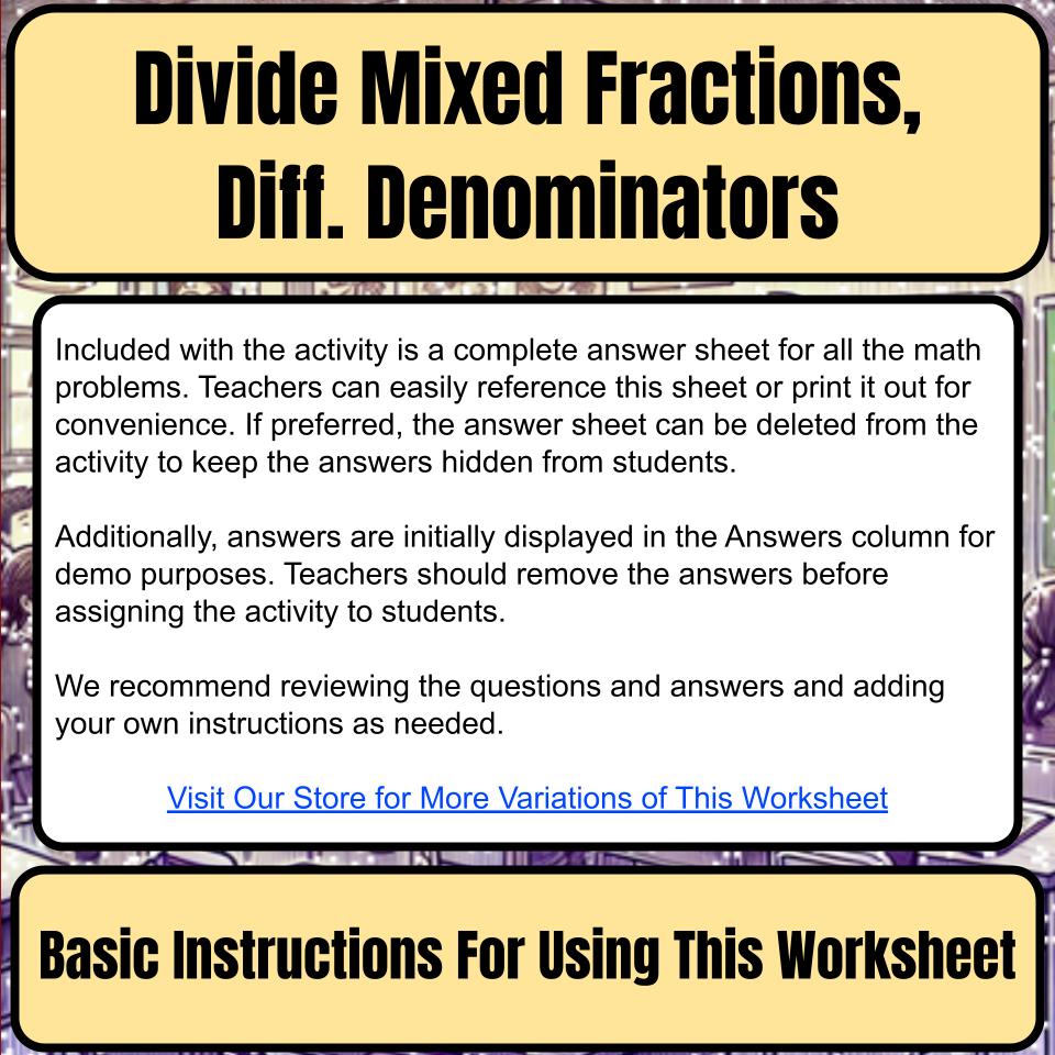Divide Mixed Fractions, Diff. Denominators Mystery Picture Worksheet P0051