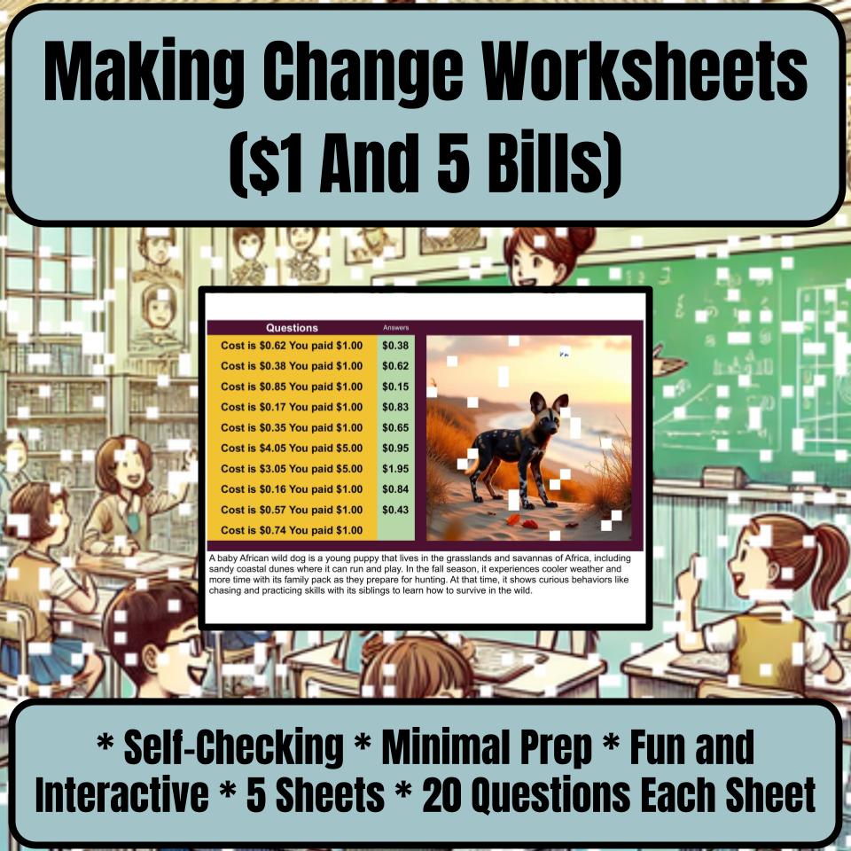 Making Change Worksheets ($1 And 5 Bills) Mystery Picture Worksheet P0053