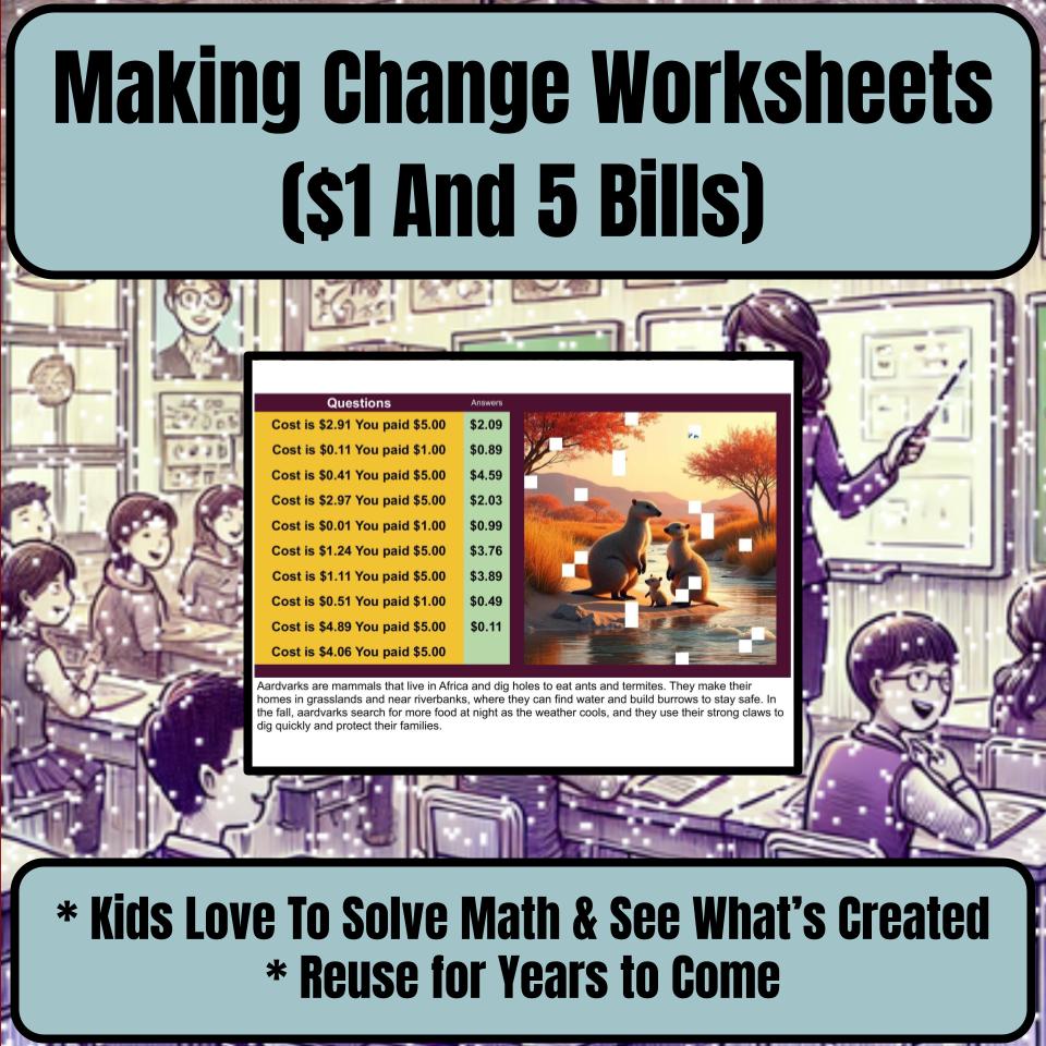 Making Change Worksheets ($1 And 5 Bills) Mystery Picture Worksheet P0053