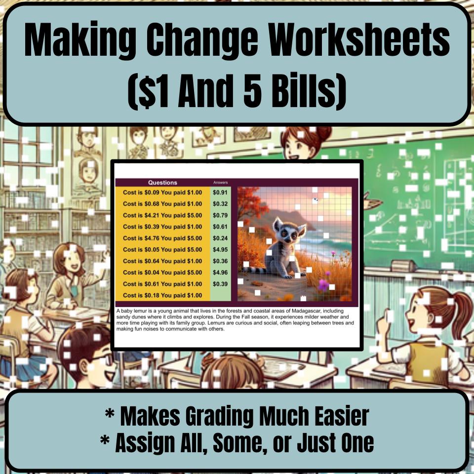 Making Change Worksheets ($1 And 5 Bills) Mystery Picture Worksheet P0053