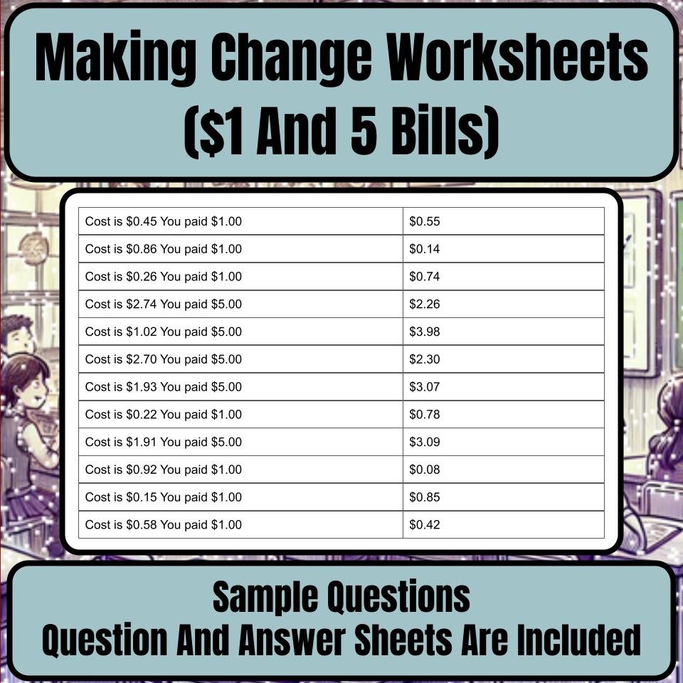 Making Change Worksheets ($1 And 5 Bills) Mystery Picture Worksheet P0053