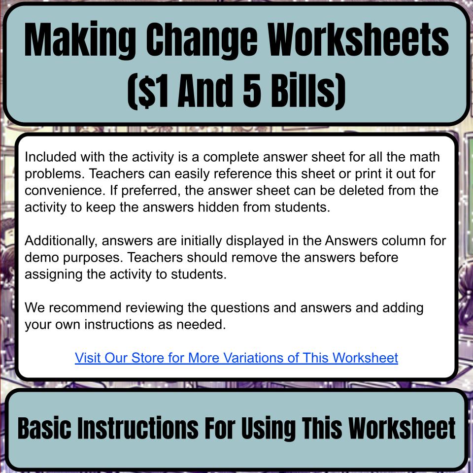 Making Change Worksheets ($1 And 5 Bills) Mystery Picture Worksheet P0053
